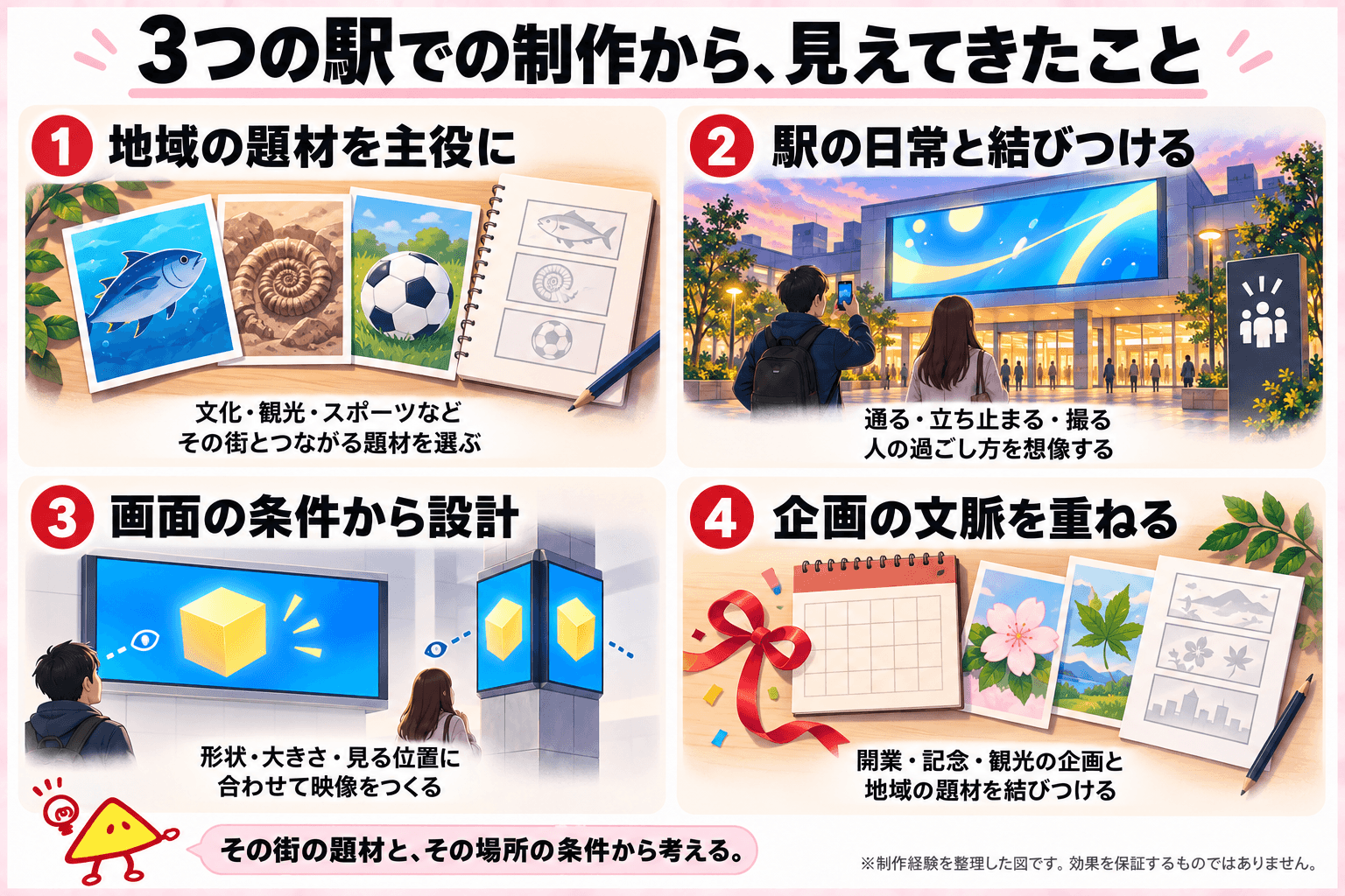 地域の題材、駅での過ごし方、画面条件、企画の文脈という4つの観点を整理した図解